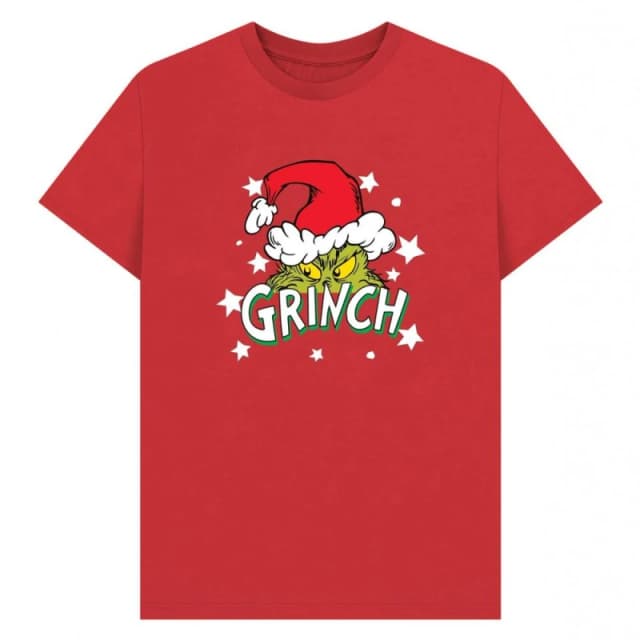 The Grinch Mens Santa Hat Stars T-Shirt in Red Size: Small Red Male S