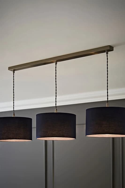 ValueLights ValueLights Reni Fabric Drum Shade 3 Drop Bar Chrome Diner Ceiling Pendant Light in Navy Navy One Size Unisex 5059406063367