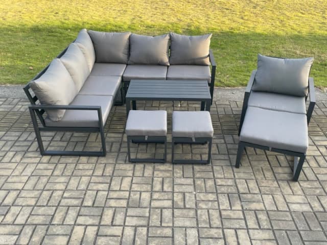 Fimous Aluminium Outdoor Garden Furniture Set Lounge Sofa Oblong Coffee Table Sets with Chair 3 Footstools Indoor Conservatory Set Dark Grey Dark Grey