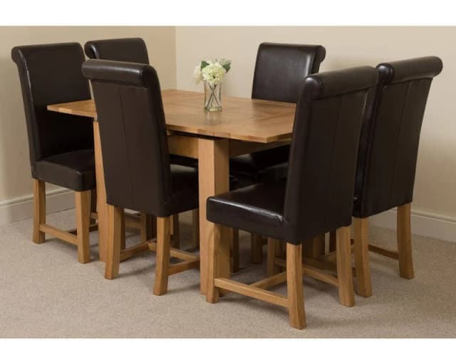 Thats Furniture Richmond 90-150cm Oak Extending Dining Table + 6 Washington Leather Chairs in Brown Brown Unisex