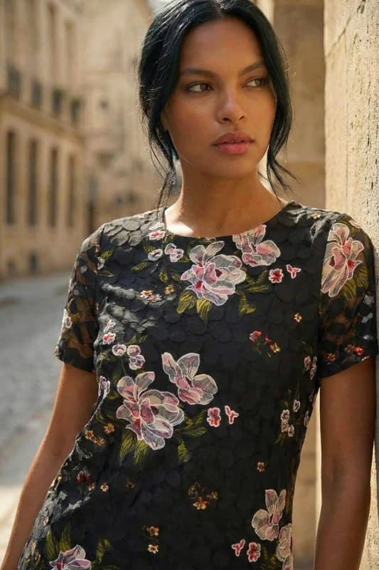 Roman Womens Floral Print Lace Stretch Top in Black Size: 10 Black Female 10