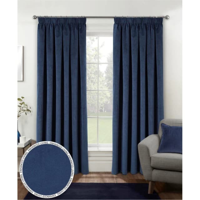 Enhanced Living Velvet, Supersoft, 100% Blackout, Thermal Pair of Curtains with Tape Top Blue