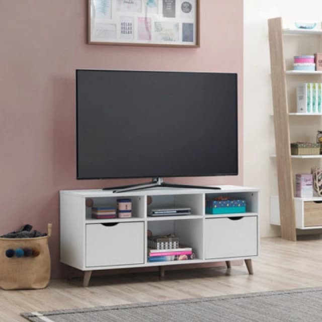 Timber Art Design Pulford Scandi TV Unit Stand Cabinet 2 Drawer + Shelf White Media Cabinet