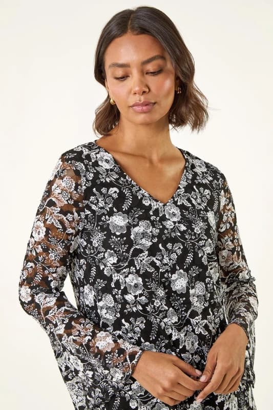 Roman Womens Floral Print V-Neck Top in Black Size: 14 Black Female 14