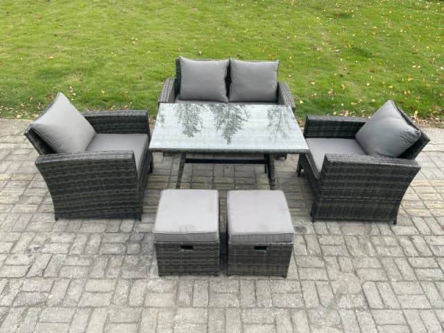 Fimous 6 Seater Outdoor Garden Furniture High Back Rattan Sofa Dining Table Set with 2 Small Footstools Dark Grey Mixed Dark Grey Unisex