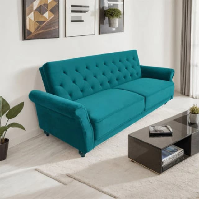 3 Seater Sofa Bed, 225Cm Velvet Click Clack Sofa Bed With Solid Wood Legs - Blue