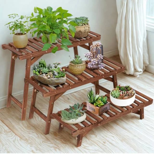FURNOS 3 Tier Bamboo Indoor Outdoor Living Room Step Plant Stand in Brown Brown Unisex