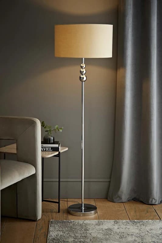 ValueLights Marissa Fabric Drum Shade with Chrome Stacked Ball Floor Lamp Nude