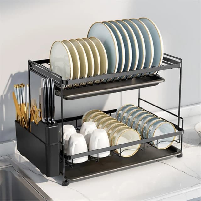 Cottonfy UK 2-Tier Metal Dish Drainer Rack with Utensil Holder - Black M