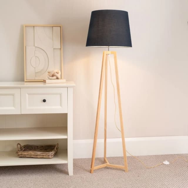 ValueLights Lottie Natural Wood Tripod Floor Lamp with Fabric Tapered Shade Black