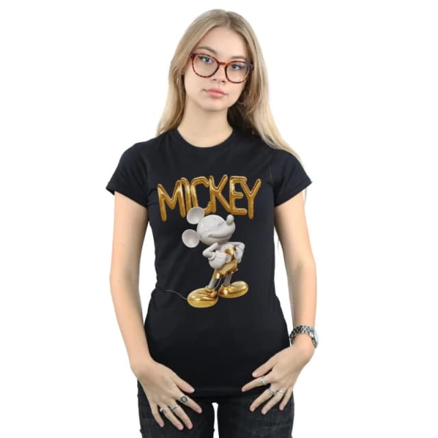 Disney Mickey Mouse Gold Statue Cotton T-Shirt Black female