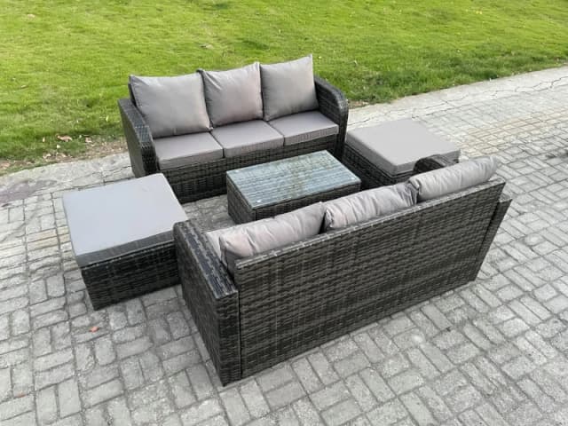 Fimous Outdoor Garden Furniture Sets 8 Seater Wicker Rattan Furniture Sofa Sets with Rectangular Coffee Table 3 Seater Sofa 2 Big Footstool Dark Grey