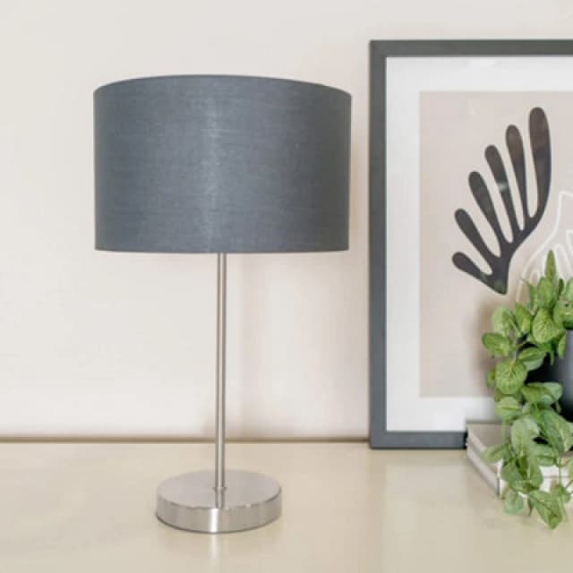 ValueLights ValueLights Charlie Fabric Drum & Chrome Inner Shade Chrome Stem Table Lamp & Bulb in Charcoal Charcoal One Size Unisex 5059406060649