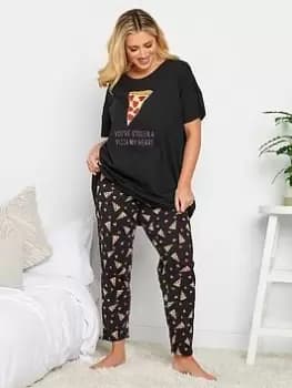 Yours Yours Pizza My Heart Short Sleeve Tapered Pj Set, Black, Size 38-40, Women