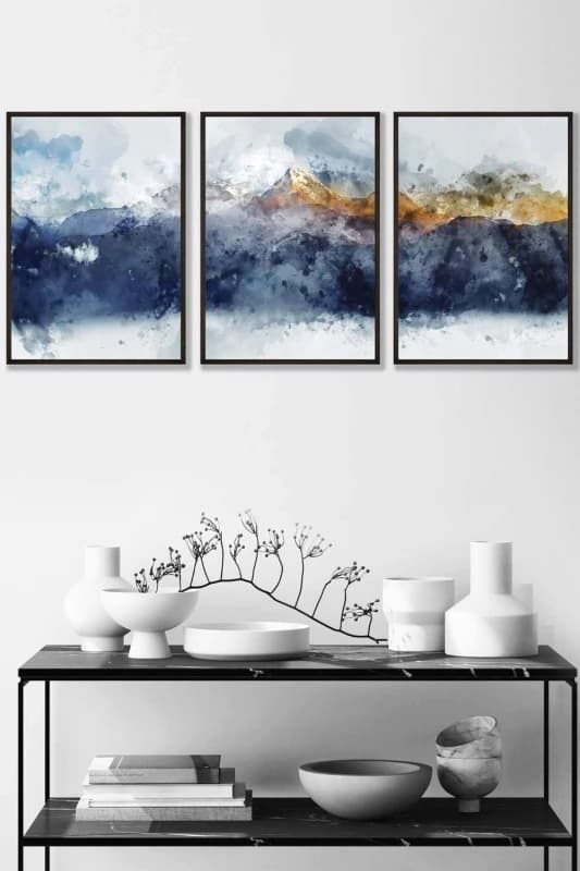 ARTZE Abstract Navy Blue & Yellow Mountains Framed Wall Art - Medium in Black Size: W45cm x H62cm x D20mm Black Unisex W45cm x H62cm x D20mm