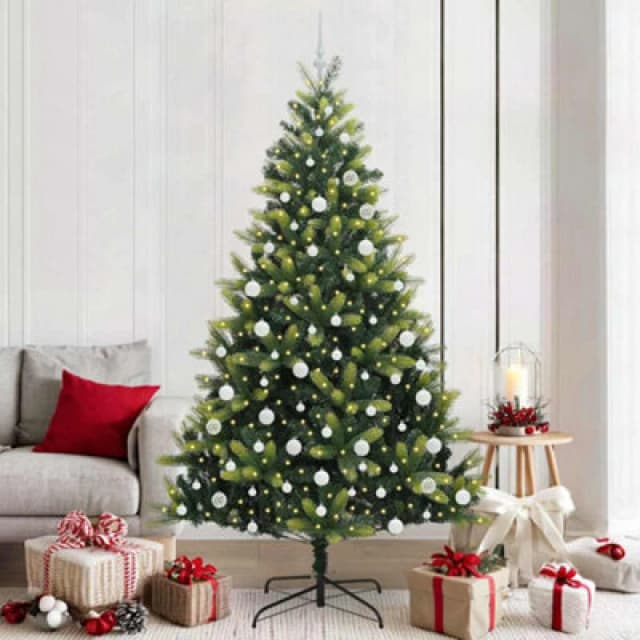 vidaXL Artificial Hinged Christmas Tree 300 LEDs, White Balls Green 210 cm, Green 3396003