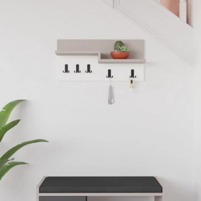 Decortie Harmon Modern Wall Mounted Coat Hanger With Open Shelf Mocha Grey White 5 Black Metal Hooks