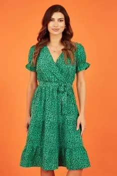 Green Animal Print Midi Wrap Dress With Ruffle Sleeves