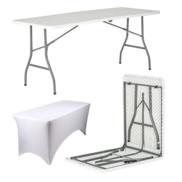 Harbour Housewares Folding Camping Picnic Table With Fitted Tablecloth - 180Cm (6ft) - White/white - Portable Plastic Outdoor Party Display