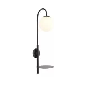 Satin Black Plug-In Wall Lamp Light Fitting & Shelf - Opal Glass Shade