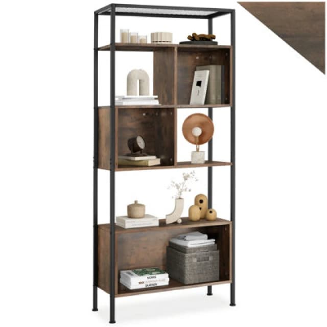 Tectake Free Standing Shelf Hastings - With 5 Tiers & 3 Storage Compartments - Industrial Wood Dark, Rustic