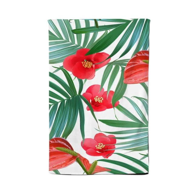 Warren Reed - Designer Tropical Flowers & Palm Leaves Hawaiian Tea Towel in Green Green Unisex