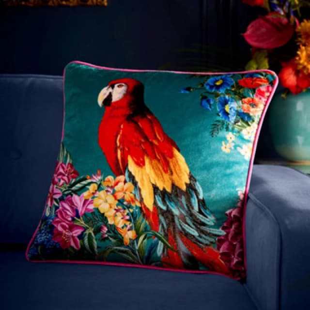 Laurence Llewelyn-Bowen 'Polly Amorous' Parrot & Floral Print Soft Touch Velvet Filled Cushion Teal