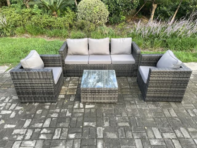 Fimous Outdoor Lounge Sofa Set Wicker PE Rattan Garden Furniture Set with Armchair Squar Coffee Table Dark Grey Mixed Dark Grey