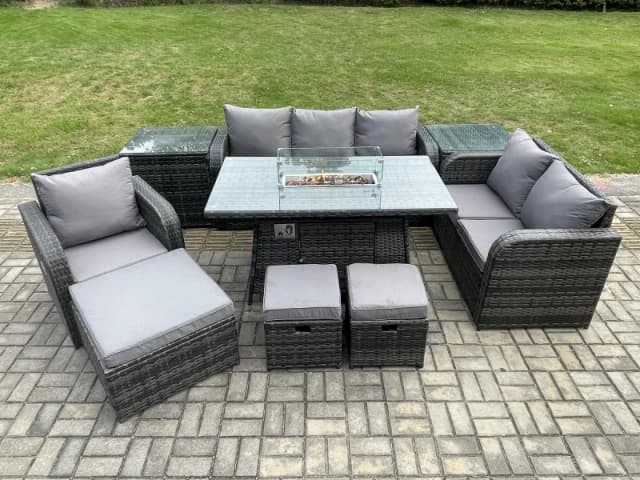 Fimous Garden Patio Furniture Wicker Rattan Gas Fire Pit Table and Sofa Chair set with 2 Side Tables 3 Footstool Dark Grey