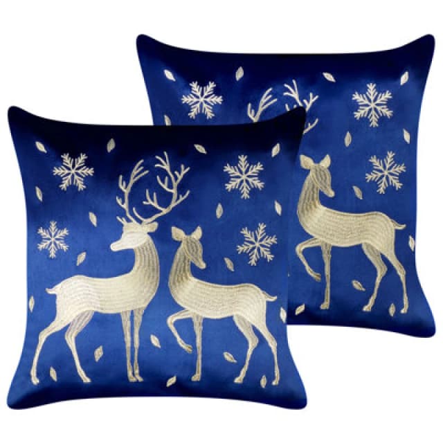 Beliani Set Of 2 Decorative Cushions Meringue Velvet 45 X 45cm Dark Blue Christmas Motif