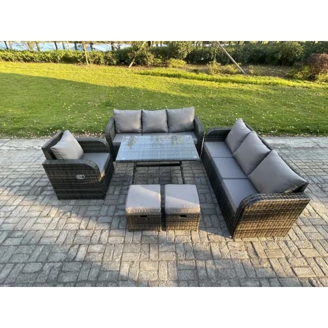 Fimous Outdoor Lounge Sofa Set Wicker PE Rattan Garden Furniture Set with Rectangular Dining Table Reclining Chair 2 Small Footstools Dark Grey