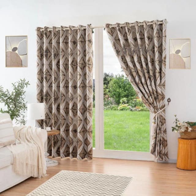 Luxury Living Luxury Diamond Jacquard Fully Lined Ring Top Curtains With Metallic Thread 168Cm X 137Cm Cream/gold