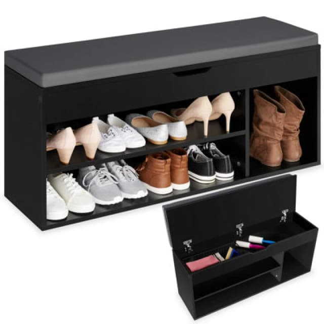 Tectake Shoe Rack Natalya - 4 Storage Spaces, Bench Seat Cushion, For 9 Pairs Of Shoes - 104cm - Black