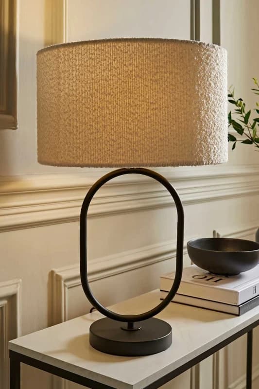 ValueLights ValueLights Antonia Cream Boucle Drum Shade Matte Black Oval Table Lamp Black One Size Unisex 5059406064937