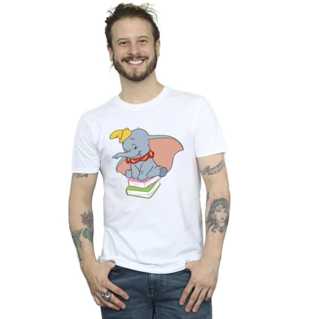 Disney Men Dumbo Sitting On Books T-Shirt in White Size: Small White S Male 5063153512580