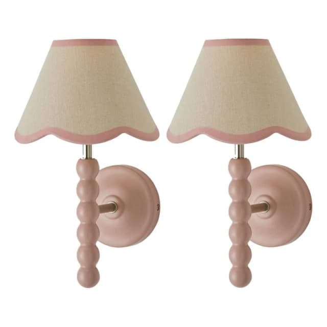 ValueLights Bobbins Pair of Pink Wall Lights with Linen Trim Lamp Shades & Bulbs in Pale Pink Pale Pink Unisex