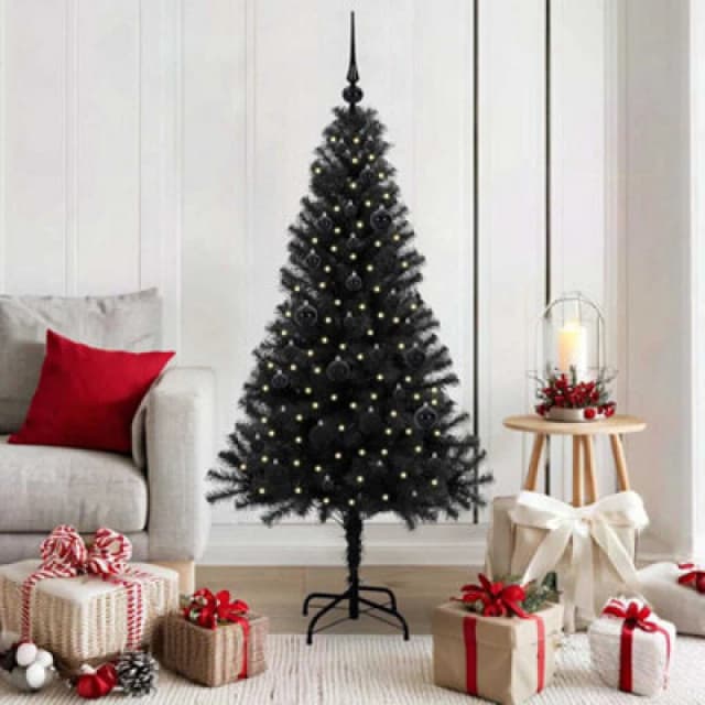 vidaXL Christmas Tree with 150 LEDs, Black Balls with Stand Black 150cm PVC, Black 3396466