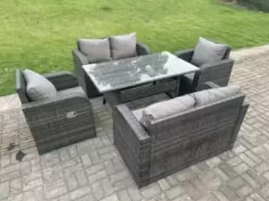 Fimous 6 Seater Outdoor Dark Grey Rattan Lounge Complete Sofa Set with Reclining Chair and Rectangular Dining Table