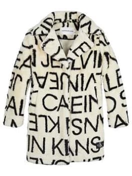 Calvin Klein Jeans Girls Logo Aop Coat - White/Black, White/Grey, Size 12 Years, Women