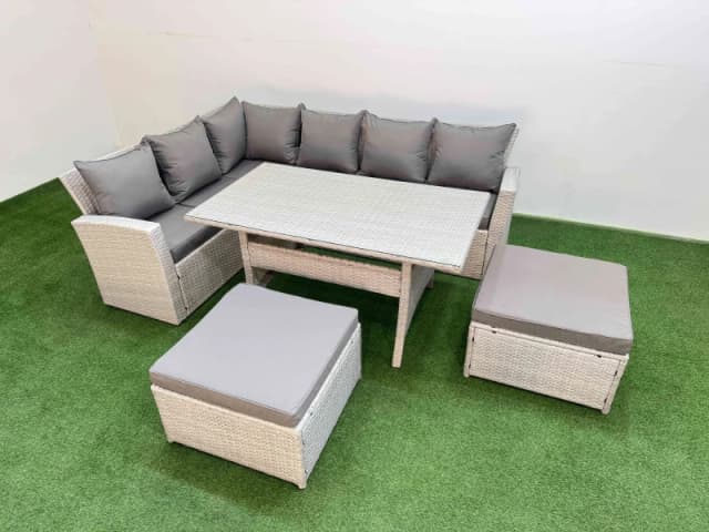 Fimous 8 Seater Rattan Garden Furniture Set with Dining Table Big Footstools in Light Grey Light Grey Unisex