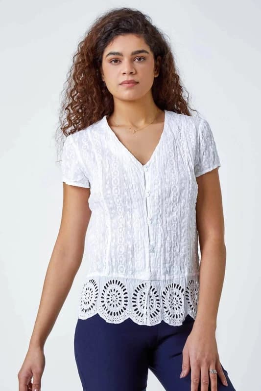 Roman Womens Cotton Embroidered V-Neck Crinkle Blouse in White Size: 14 White Female 14
