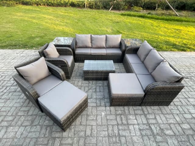 Fimous 10 Seater Rattan Outdoor Garden Furniture Sofa Set Patio Table & Chairs Set with 3 Seater Sofa Reclining Chair 2 Big Footstool 2 Side Tables Da