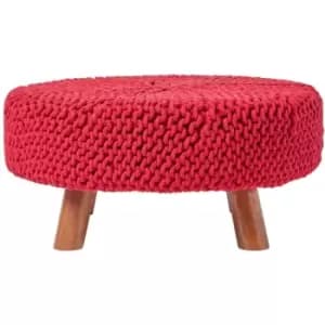 Red Round Cotton Knitted Footstool on Legs - Red - Homescapes