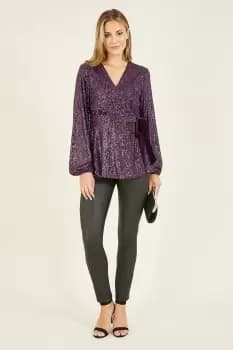 Purple Sequin Wrap Top With Velvet Tie