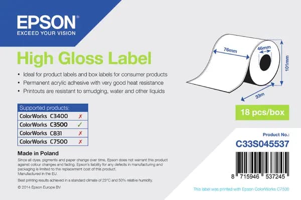 Epson C33S045537 High Gloss Continuous Label Roll 76mm x 33m (Original)