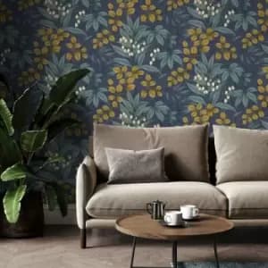 Superfresco Easy - Persephone Navy/Ochre Floral Wallpaper - White