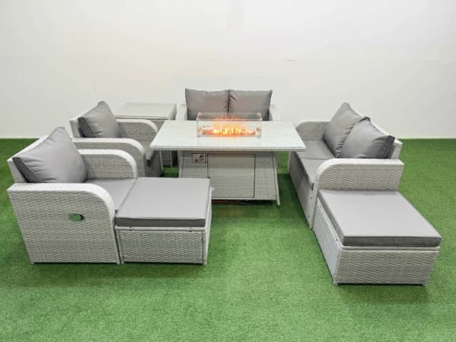 Fimous 8 Seater Outdoor Reclining Chair Love Sofa Set Rattan Garden Furniture Set with Firepit Dining Table 2 Big FootStools Side Table Light Grey Li