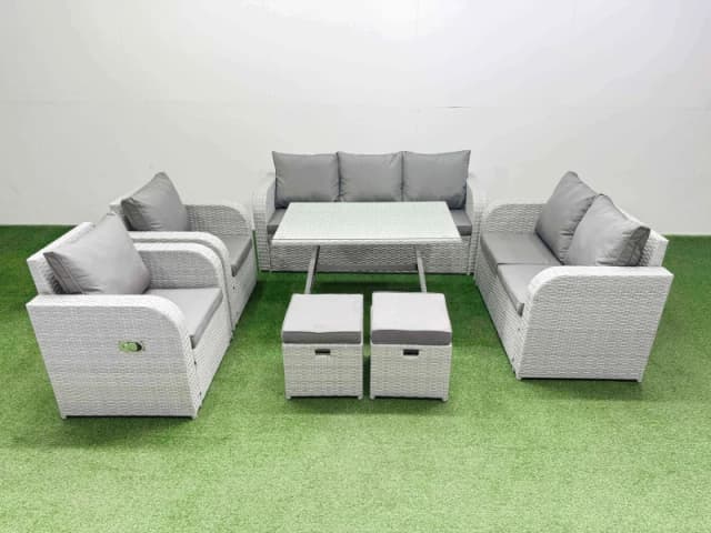 Fimous Outdoor Rectangular Table Sofa Set with Reclining Chair 2 Small Stool in Light Grey Light Grey Unisex