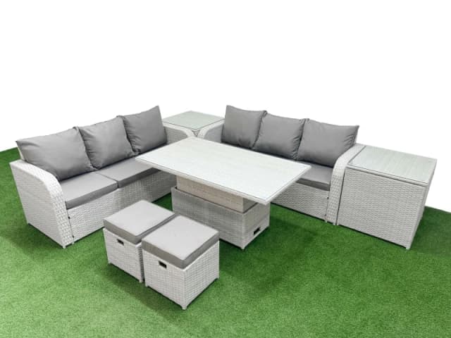 Fimous Outdoor Garden Furniture Sets 8 Seater Wicker Rattan Furniture Sofa Sets with Stools 2 Side Table Light Grey