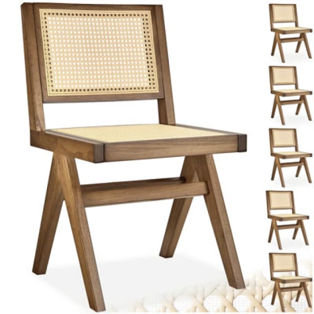 Tectake Set Of 6 Accent Chair Lizzy With Mid-Century Modern Design, Rattan Backrest And Solid Wood Frame - Light Oak